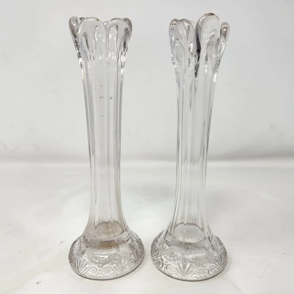 Vintage Clear Pressed Glass Bud Vases Set of 2 Scalloped Rim Ribbed 6.5 Inch